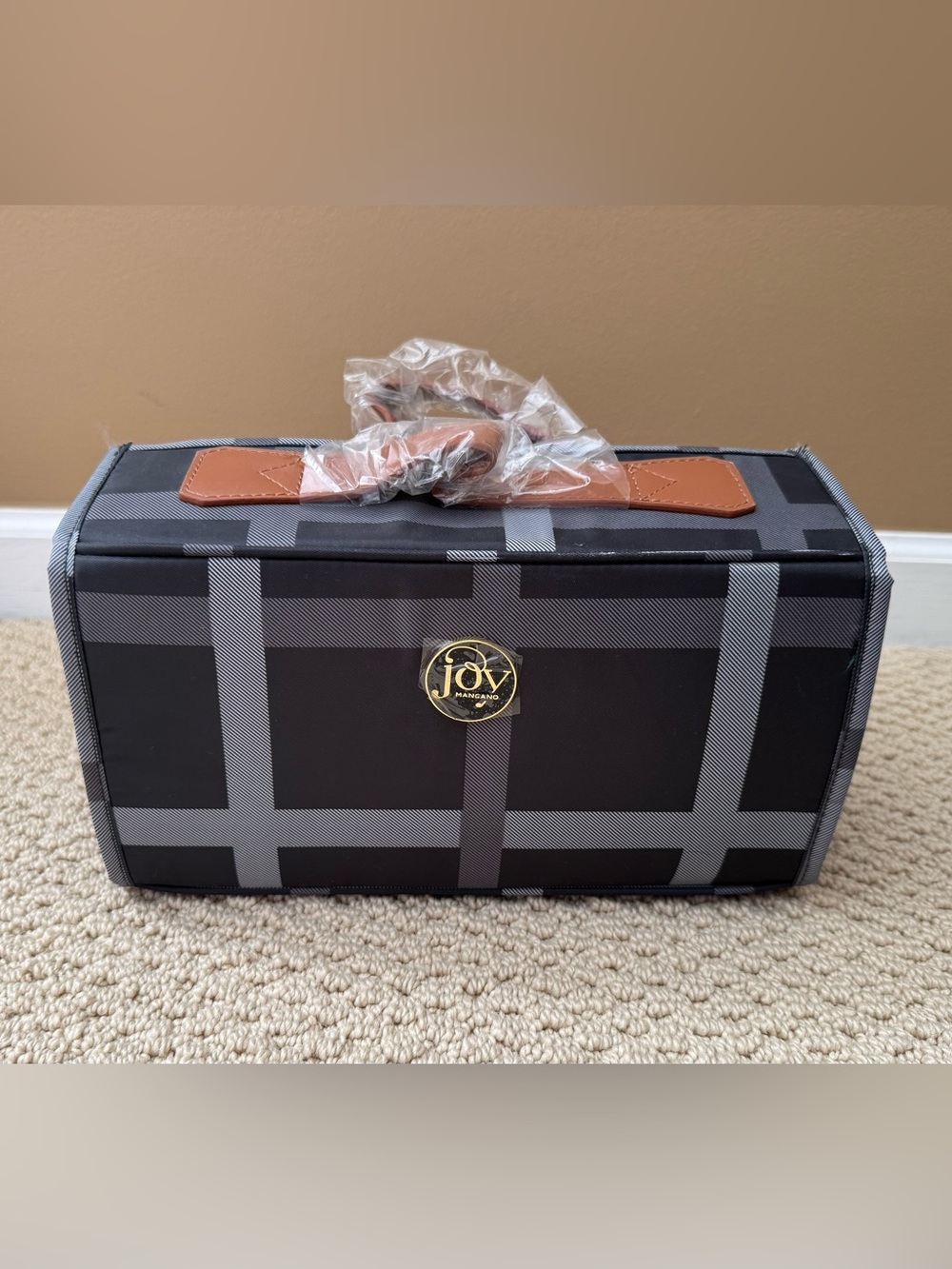 Joy Mangano Black and Tan Plaid Train Case with Gold Logo